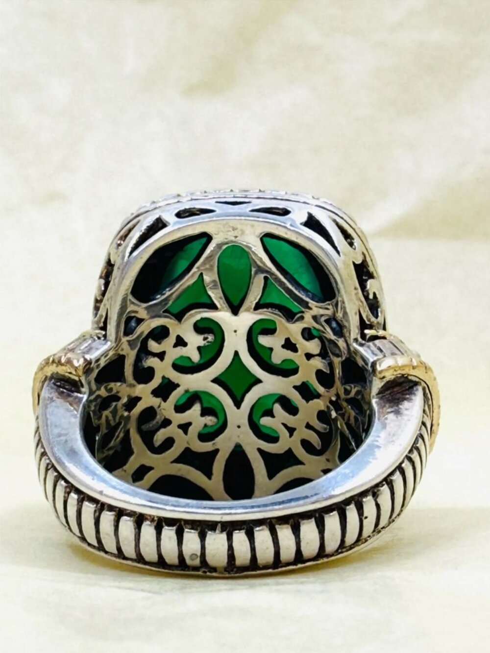 Vintage 14K Gold Sterling Silver Green Onyx Statement Ring Size 7 - Picture 5 of 10